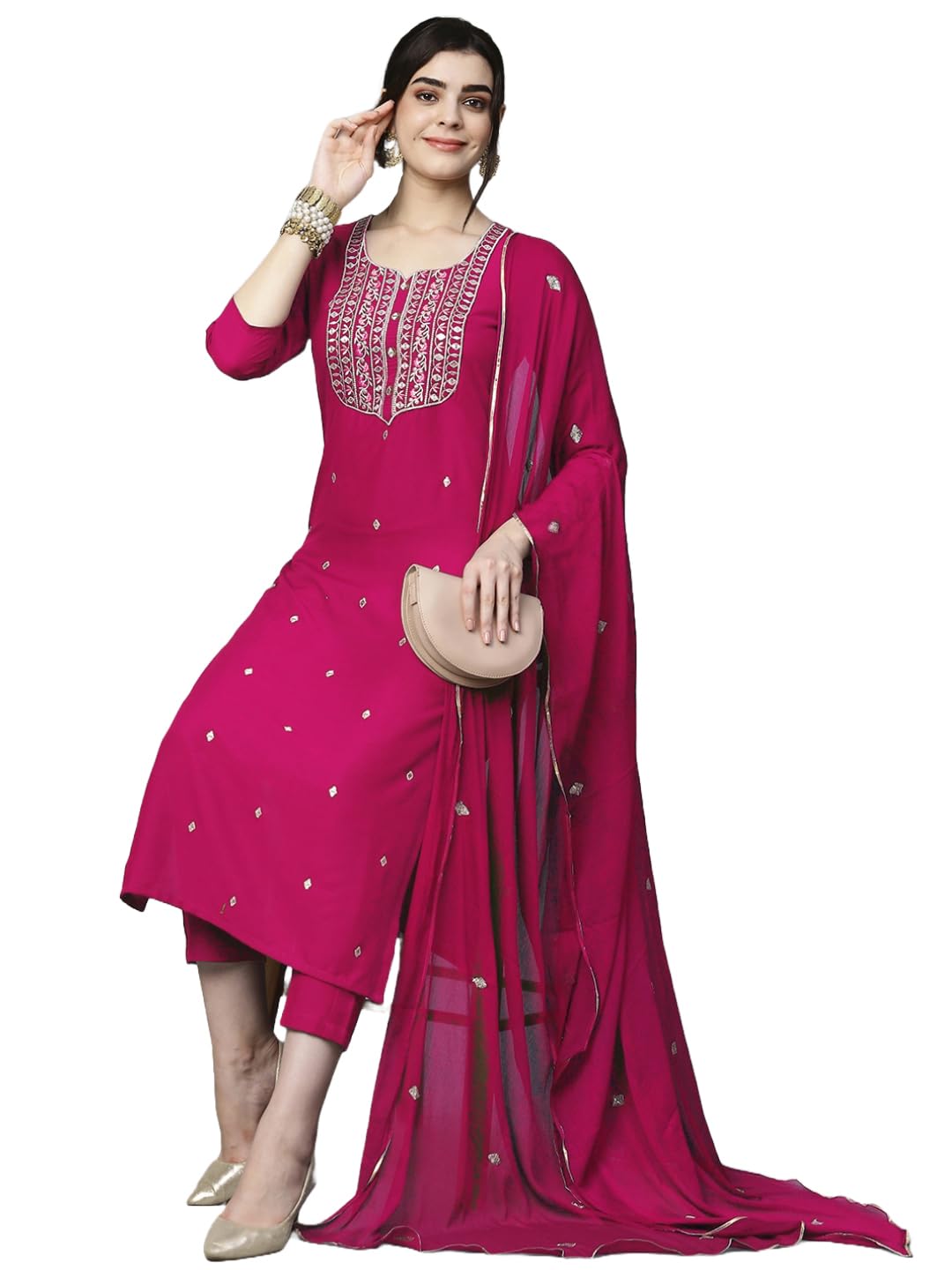 GoSriKi Women’s Cotton Blend Embroidered Straight Kurta with Pant & Dupatta