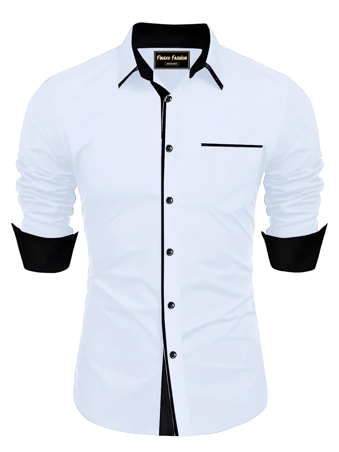 FINAXO FASHION Men’s Cotton Blend Shirt, Black with Red Trim, Long Sleeve,…