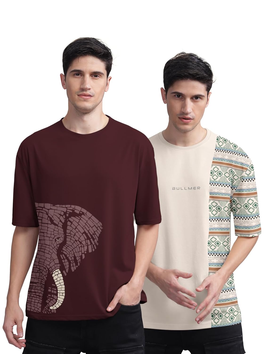 BULLMER Trendy Front and Back Printed Oversized Round Neck T-Shirt for Men -…