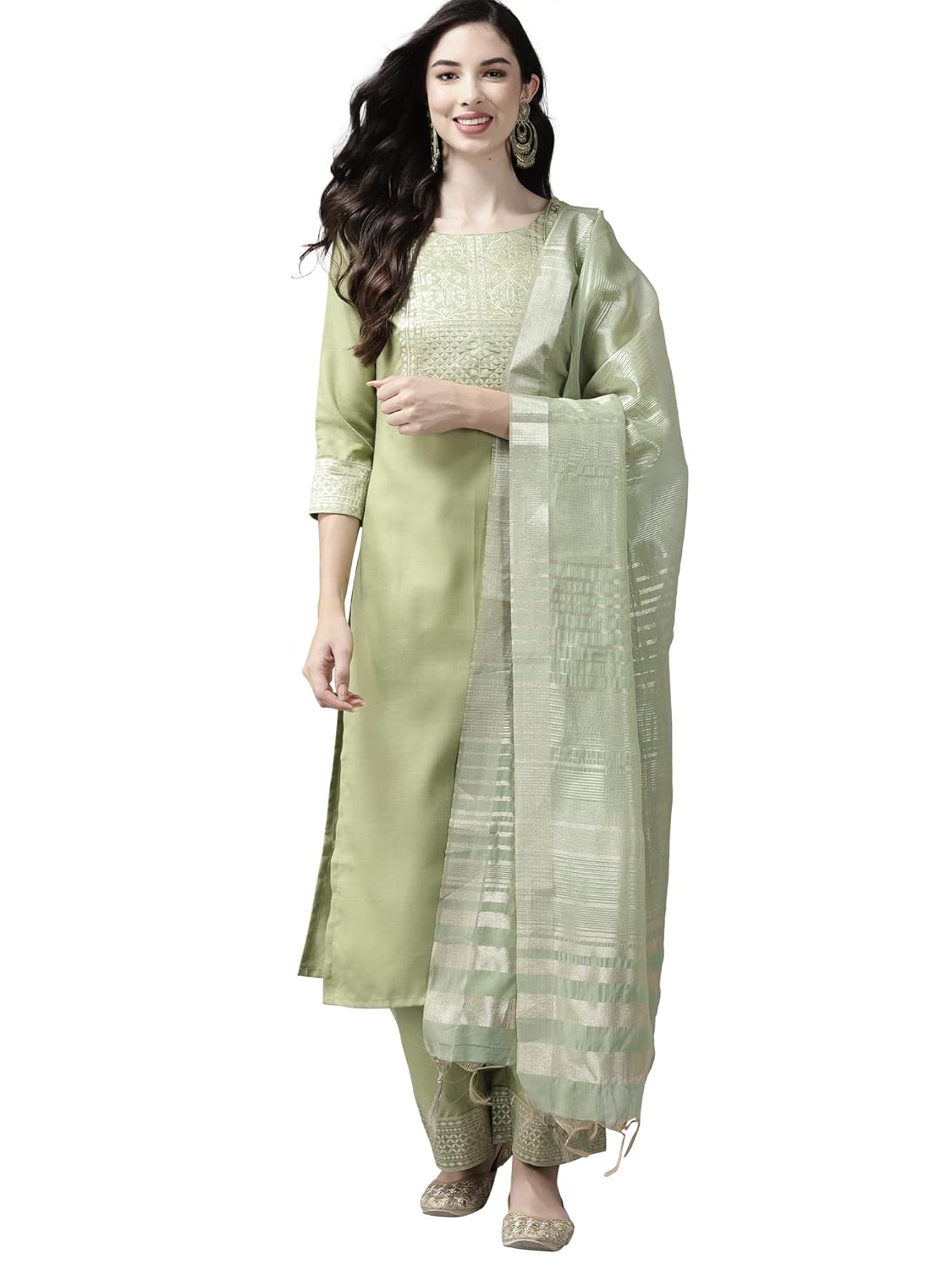 INDO ERA Women's Cotton Yoke Design Straight Kurta Pant with Dupatta Set