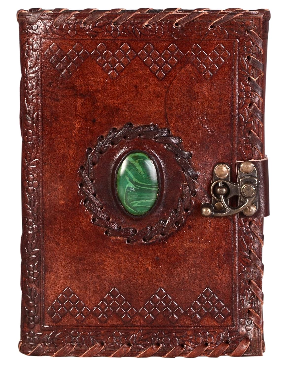 CAVALO - Be Unique Leather Diary with Antique Lock and Green Stone. Handmade...