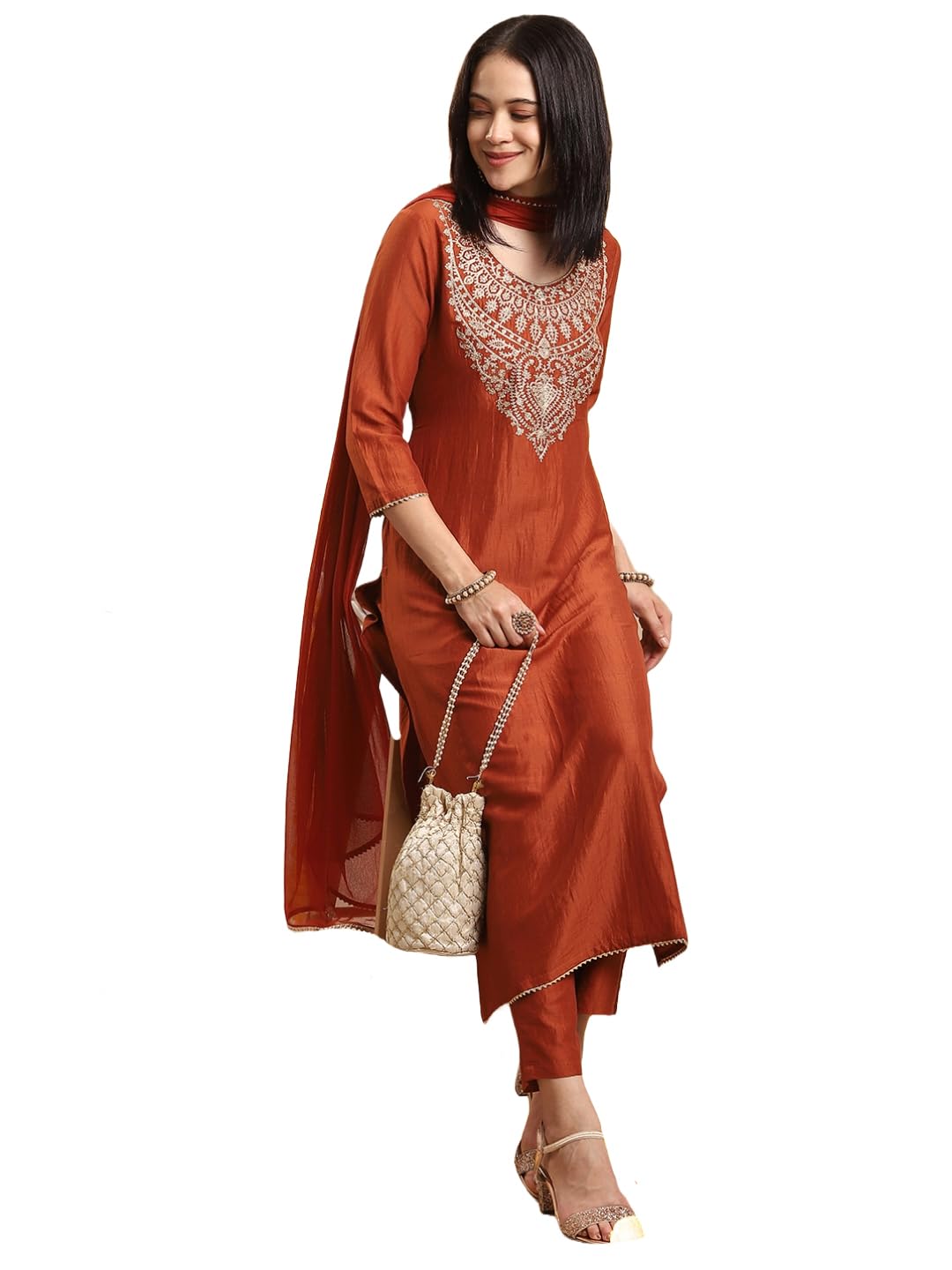 GoSriKi Women’s Rayon Viscose Embroidered Straight Kurta with Pant & Dupatta